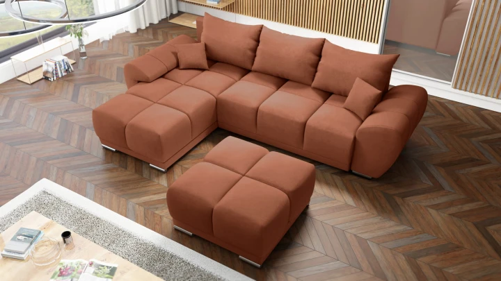 NOWOCZESNY NAROŻNIK KANAPA ROZKŁADANA FUNKCJA SPANIA HONEY L + DUŻA PUFA