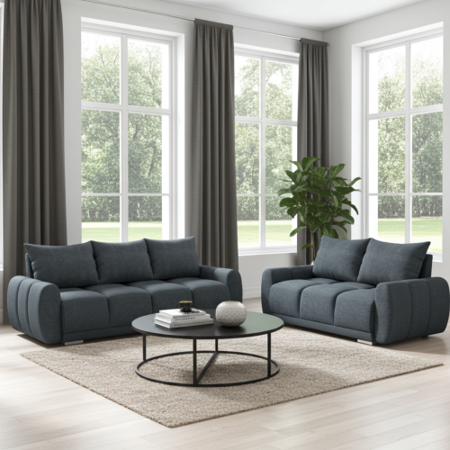 GRAFITOWY NOWOCZESNY ZESTAW DO SALONU PIKOWANA KANAPA ROZKŁADANA + SOFA HONEY BOUCKLE HONEY 3 + HONEY 2