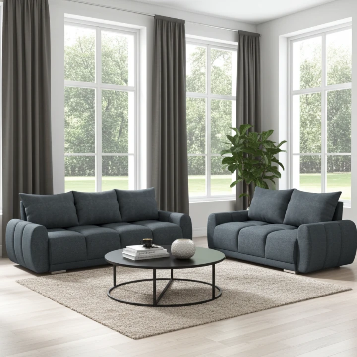 GRAFITOWY NOWOCZESNY ZESTAW DO SALONU PIKOWANA KANAPA ROZKŁADANA + SOFA HONEY BOUCKLE HONEY 3 + HONEY 2