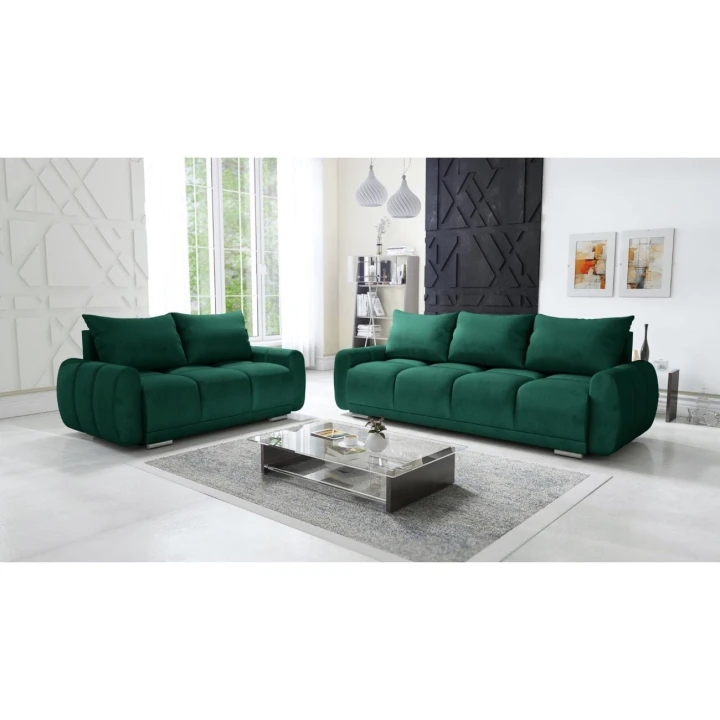 NOWOCZESNY ZESTAW DO SALONU ZIELONA KANAPA ROZKŁADANA + SOFA DWÓJKA HONEY  2 + 3