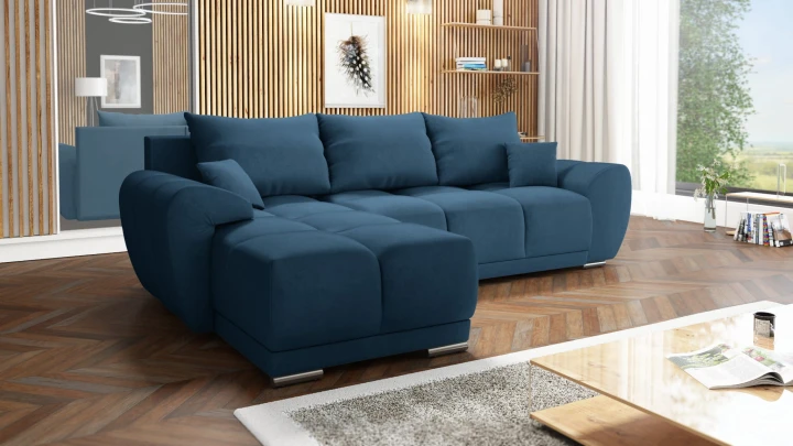 PIKOWANY NAROŻNIK DO SALONU ROZKŁADANY FUNKCJA SPANIA HONEY L + DUŻA PUFA