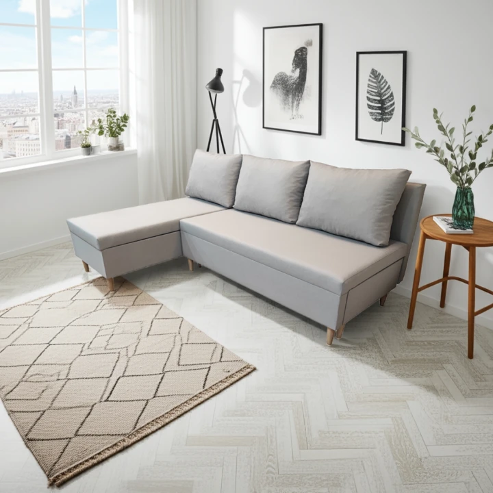 SIWY MAŁY NAROŻNIK ROZKŁADANY SCANDIK MINI 200 CM ROGÓWKA POJEMNIK LEWY