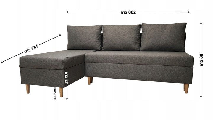 SIWY MAŁY NAROŻNIK ROZKŁADANY SCANDIK MINI 200 CM ROGÓWKA POJEMNIK LEWY
