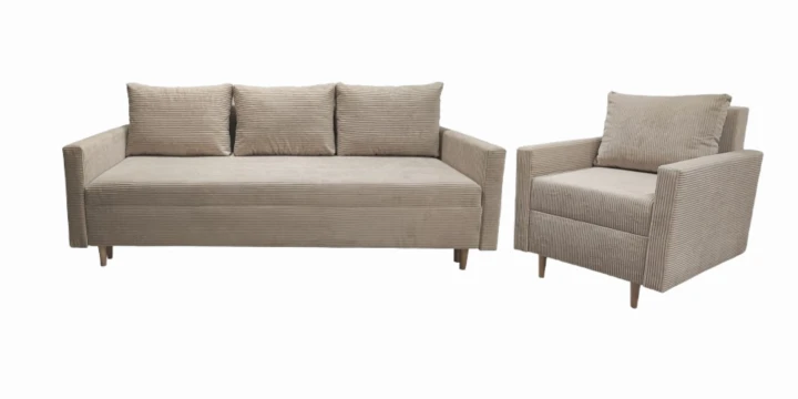 TAPICEROWANY  KOMPLET WYPOCZYNKOWY KANAPA ROZKŁADANA DO SALONU  SCANDIK BONELL + FOTEL I  PUFA SZTRUKS