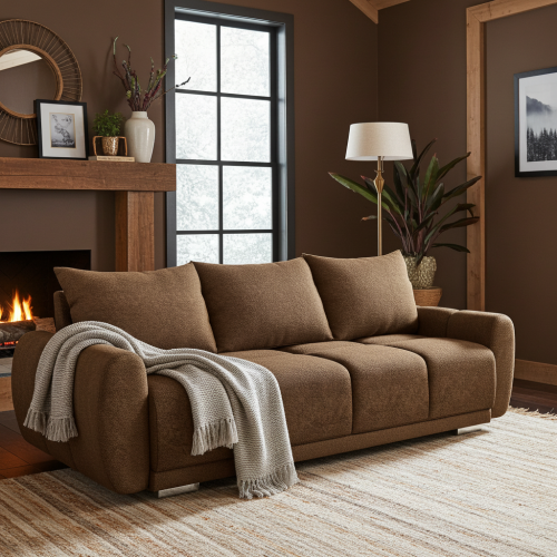 BRĄZOWA SOFA HONEY 3 KANAPA DO SALONU  Z FUNCKJA SPANIA I POJEMNIKIEM NA POŚCIEL Tkanina QUELLE   Bounce PLAMOODPORNA BARANEK