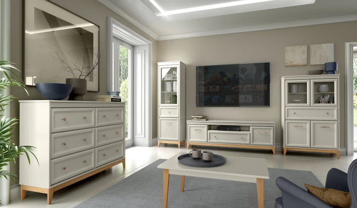 Stylowa szafka RTV Buckingham 135 cm komoda pod TV kaszmir dębowe nóżki