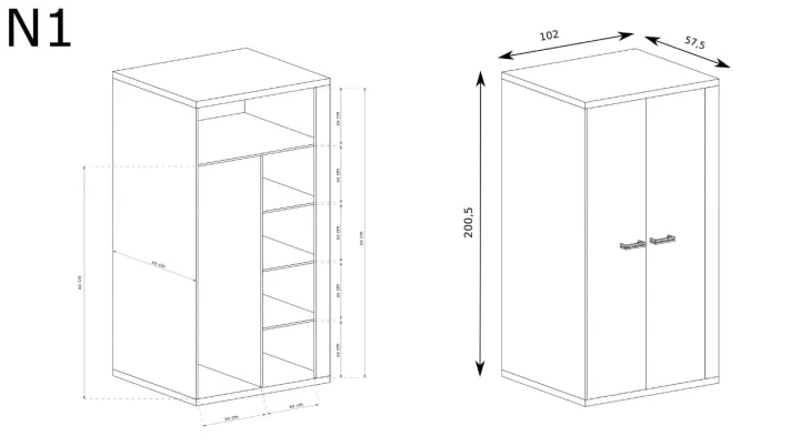 SZAFA DWUDRZWIOWA BOHO RIBBECK DRĄŻEK PÓŁKI