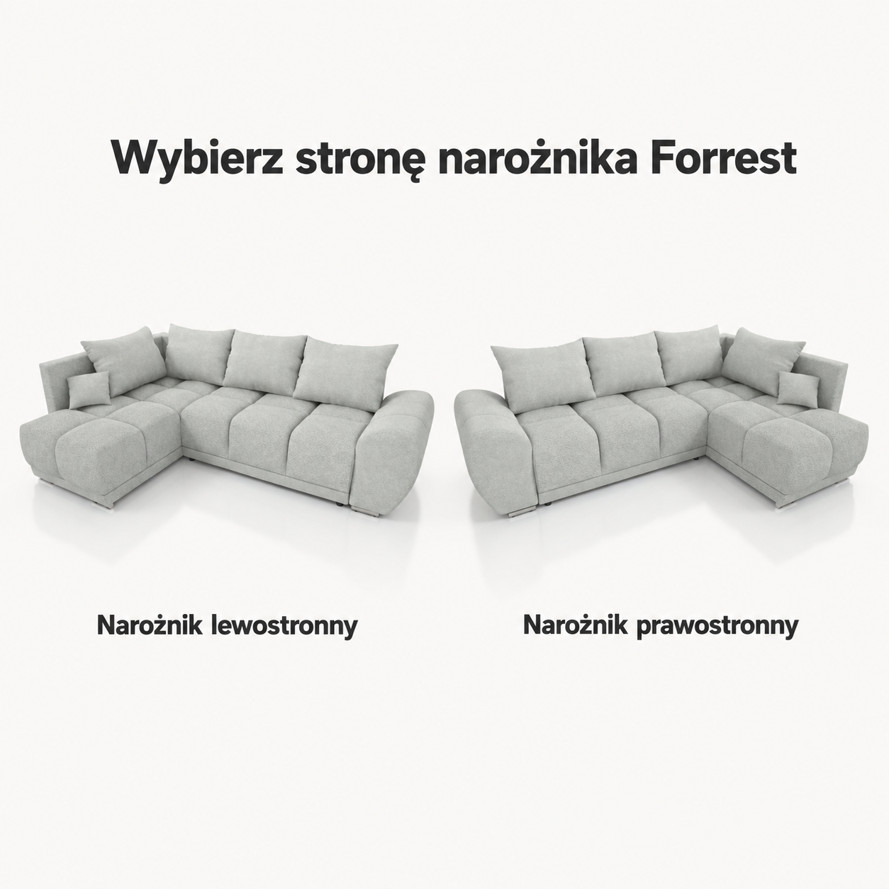 Infografika przedstawiająca możliwość wyboru strony narożnika z funkcją spania Forrest boucle