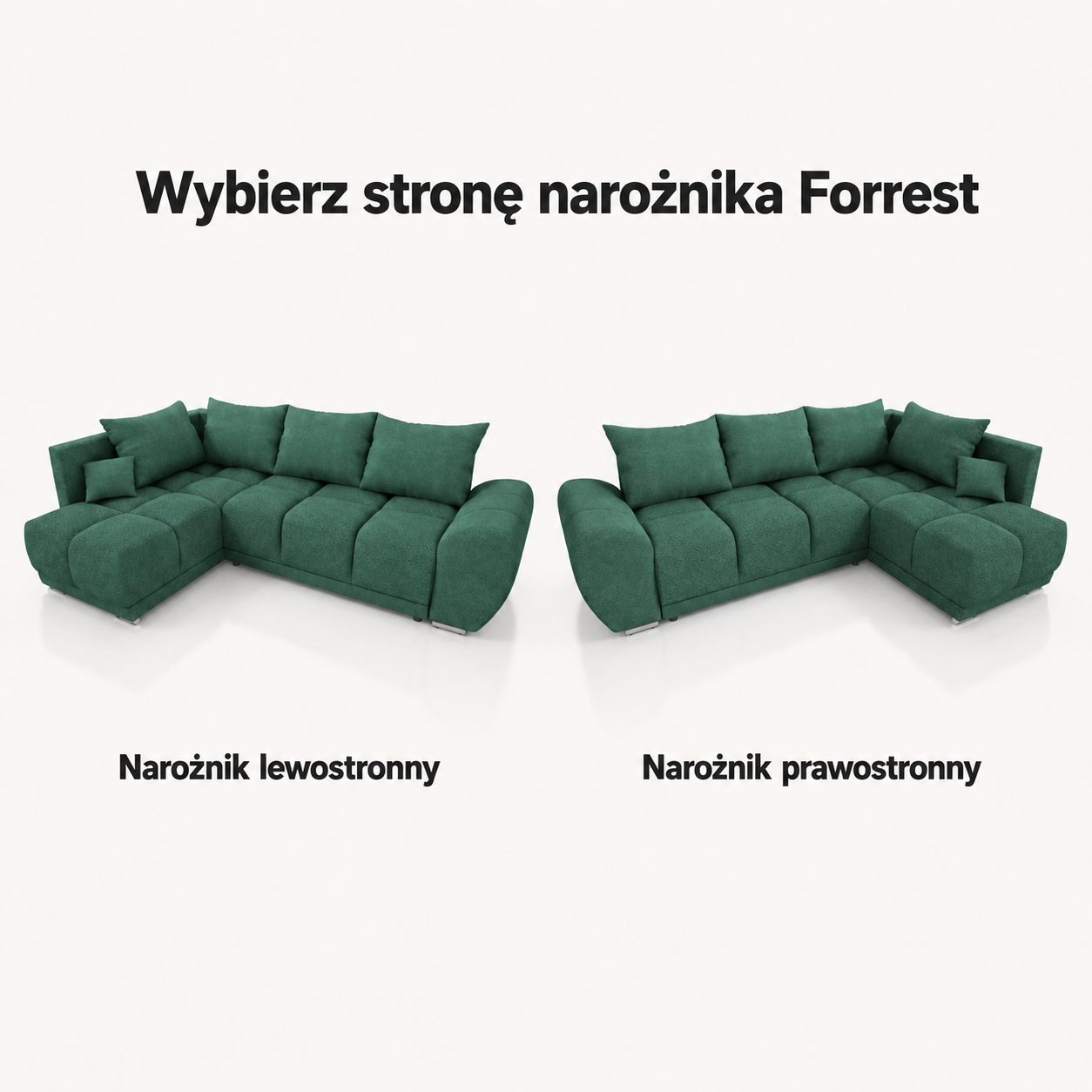 Infografika przedstawiająca możliwość wyboru strony w narożniku rozkładanym z funkcją spania Forrest w kolorze Morskiej Zieleni