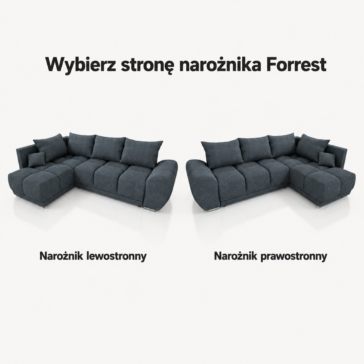 Infografika przedstawiająca możliwość wyboru strony narożnika z funkcją spania Forrest boucle