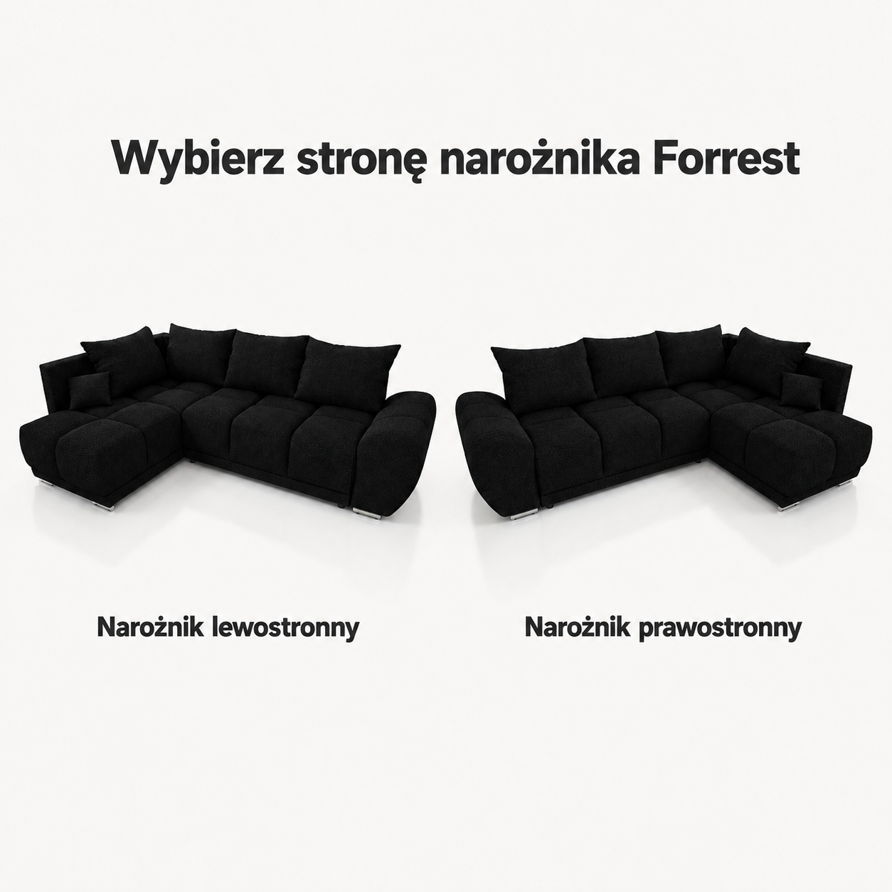 Infografika przedstawiająca możliwość wyboru strony narożnika z funkcją spania Forrest boucle