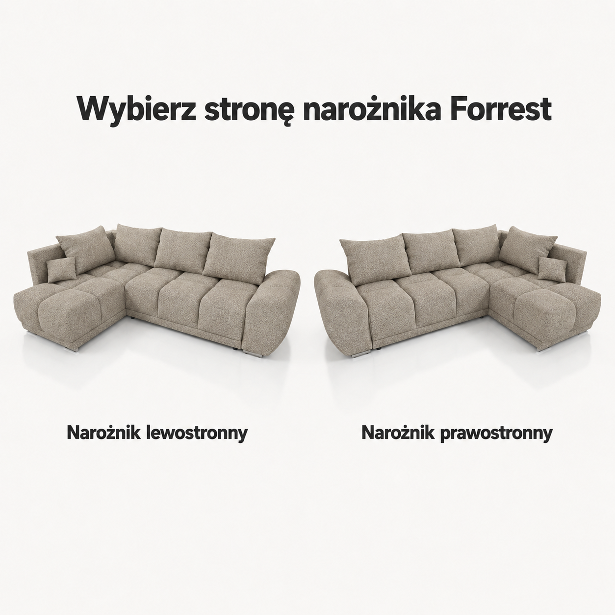 Infografika przedstawiająca możliwość wyboru strony narożnika z funkcją spania Forrest boucle