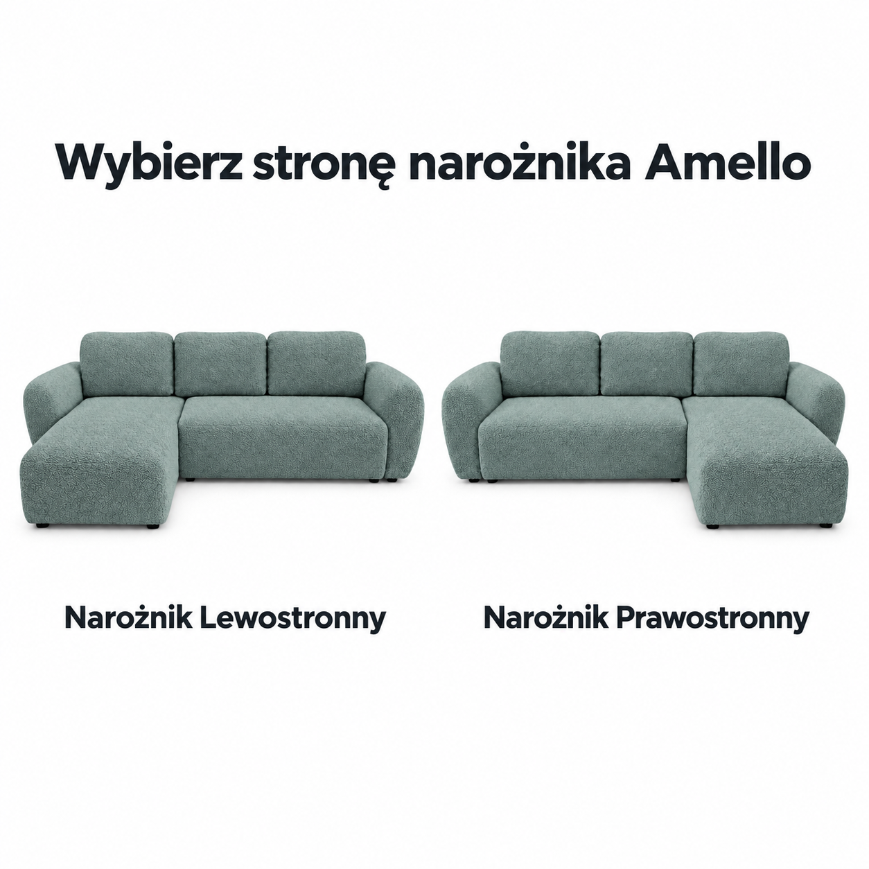 Infografika przedstawiająca możliwość wyboru strony w narożniku z funkcją spania Amello Boucle