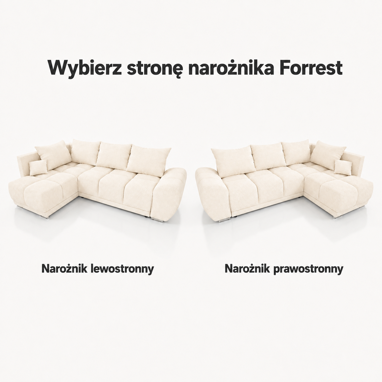 Infografika przedstawiająca możliwość wyboru strony w narożniku rozkładanym z funkcją spania Forrest