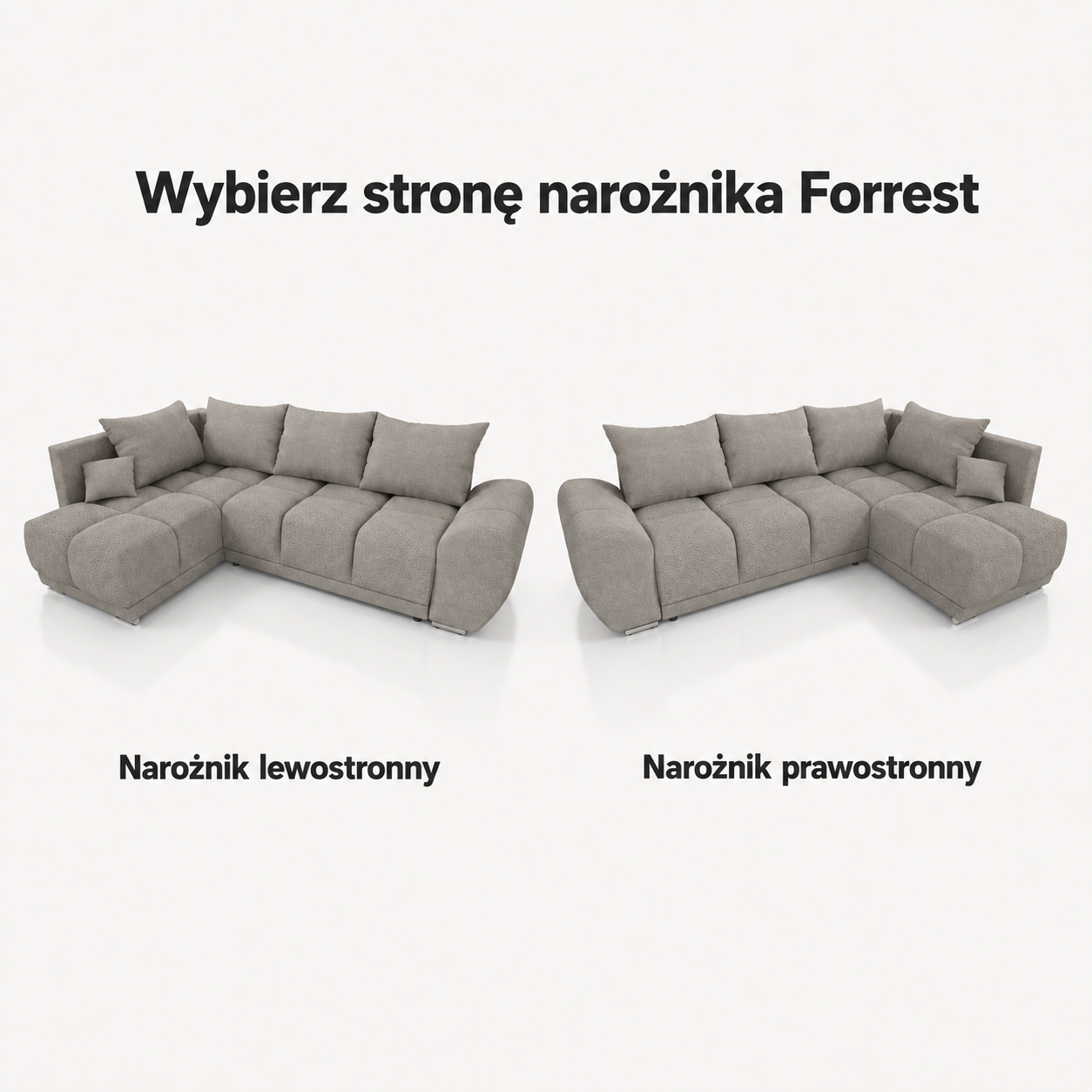 Infografika przedstawiająca możliwość wyboru strony w narożniku rozkładanym z funkcją spania Forrest