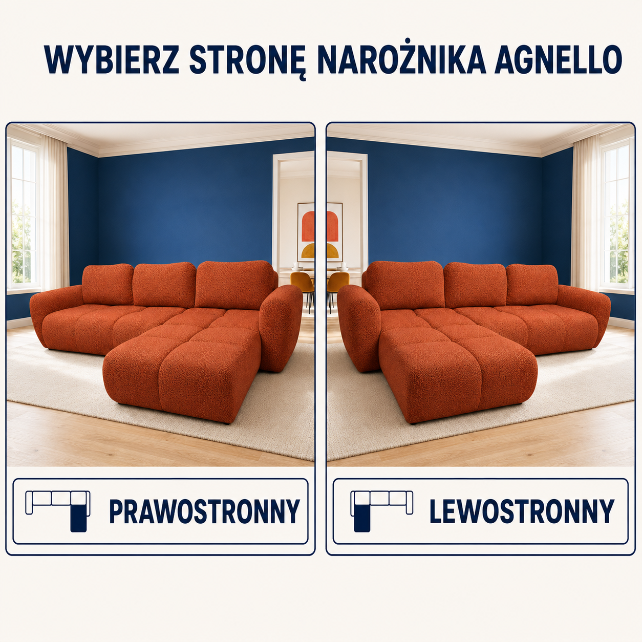 Infografika obrazująca możliwość wyboru strony w narożniku rozkładanym Agnello
