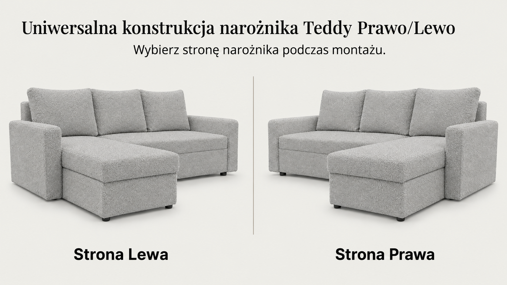 Infografika przedstawiająca możliwość uniwersalnego montażu narożnika rozkładanego z funkcją spania Teddy Boucle