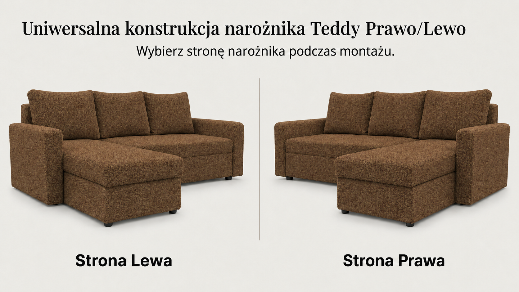 Infografika przedstawiająca możliwość uniwersalnego montażu narożnika rozkładanego z funkcją spania Teddy Boucle