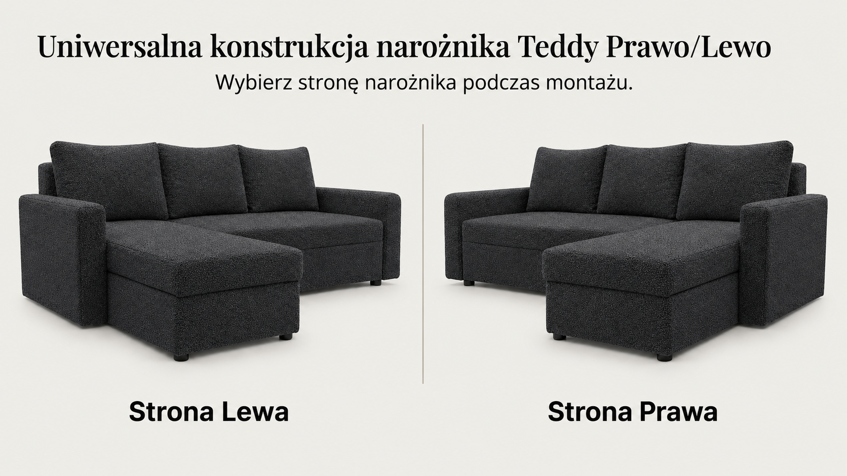 Infografika przedstawiająca możliwość uniwersalnego montażu narożnika z funkcją spania Teddy Bonell