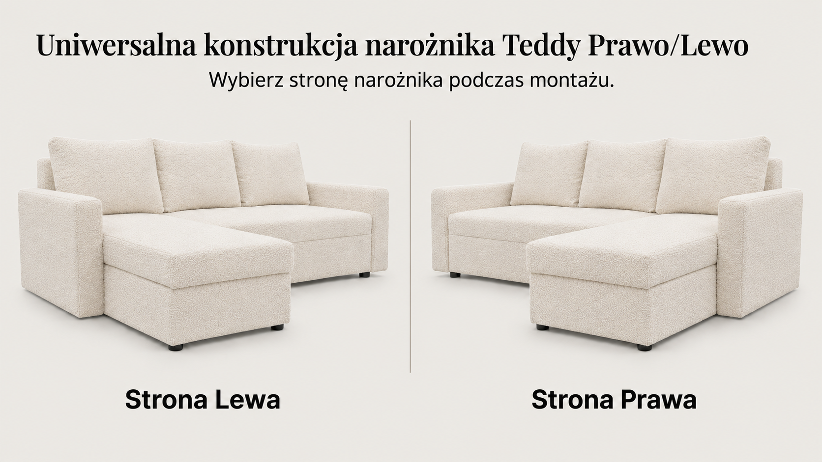 Infografika obrazująca możliwość uniwersalnego montażu narożnika z funkcją spania Teddy boucle