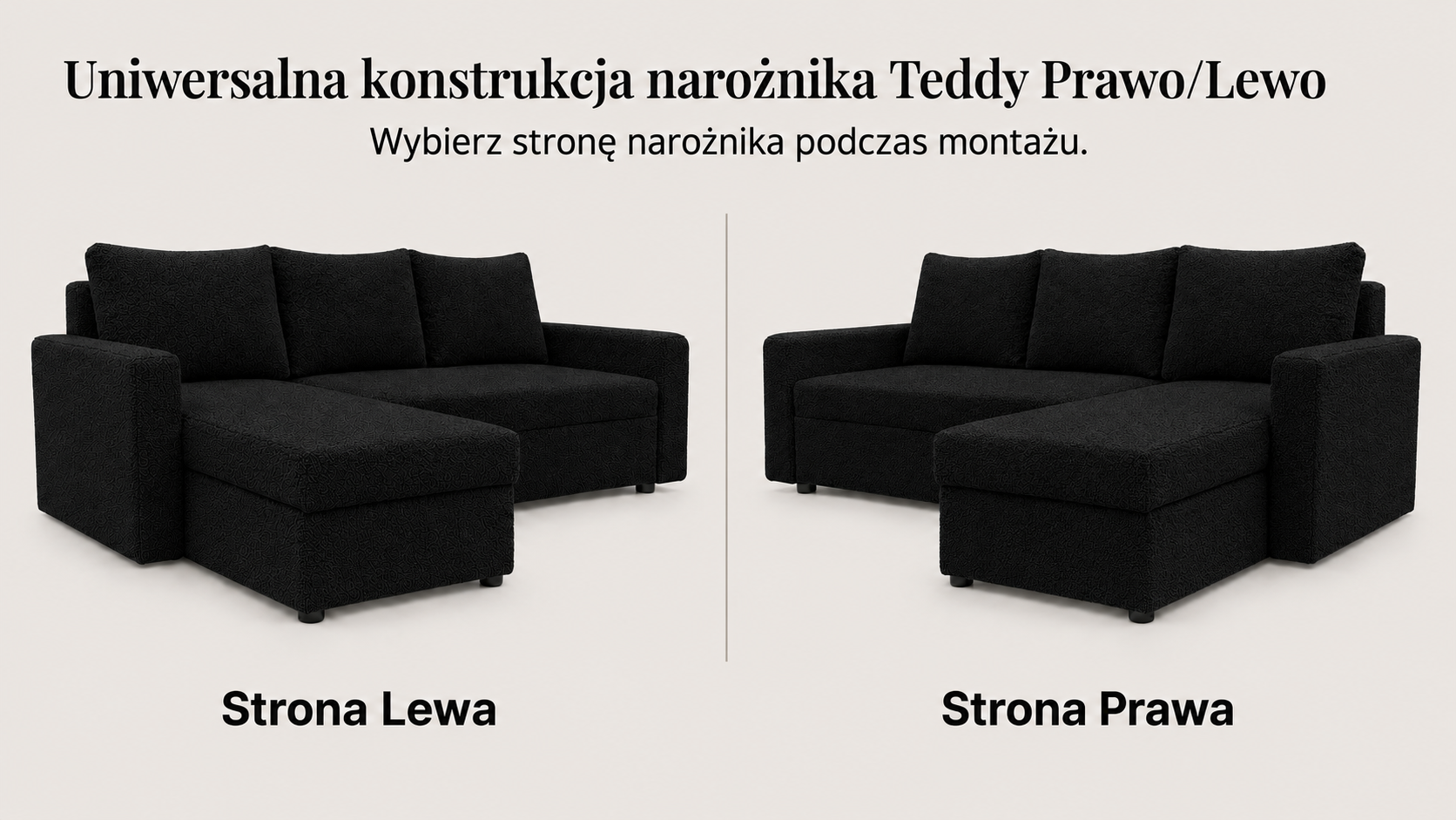 Infografika przedstawiająca możliwość uniwersalnego montażu narożnika z funkcją spania Teddy Bonell