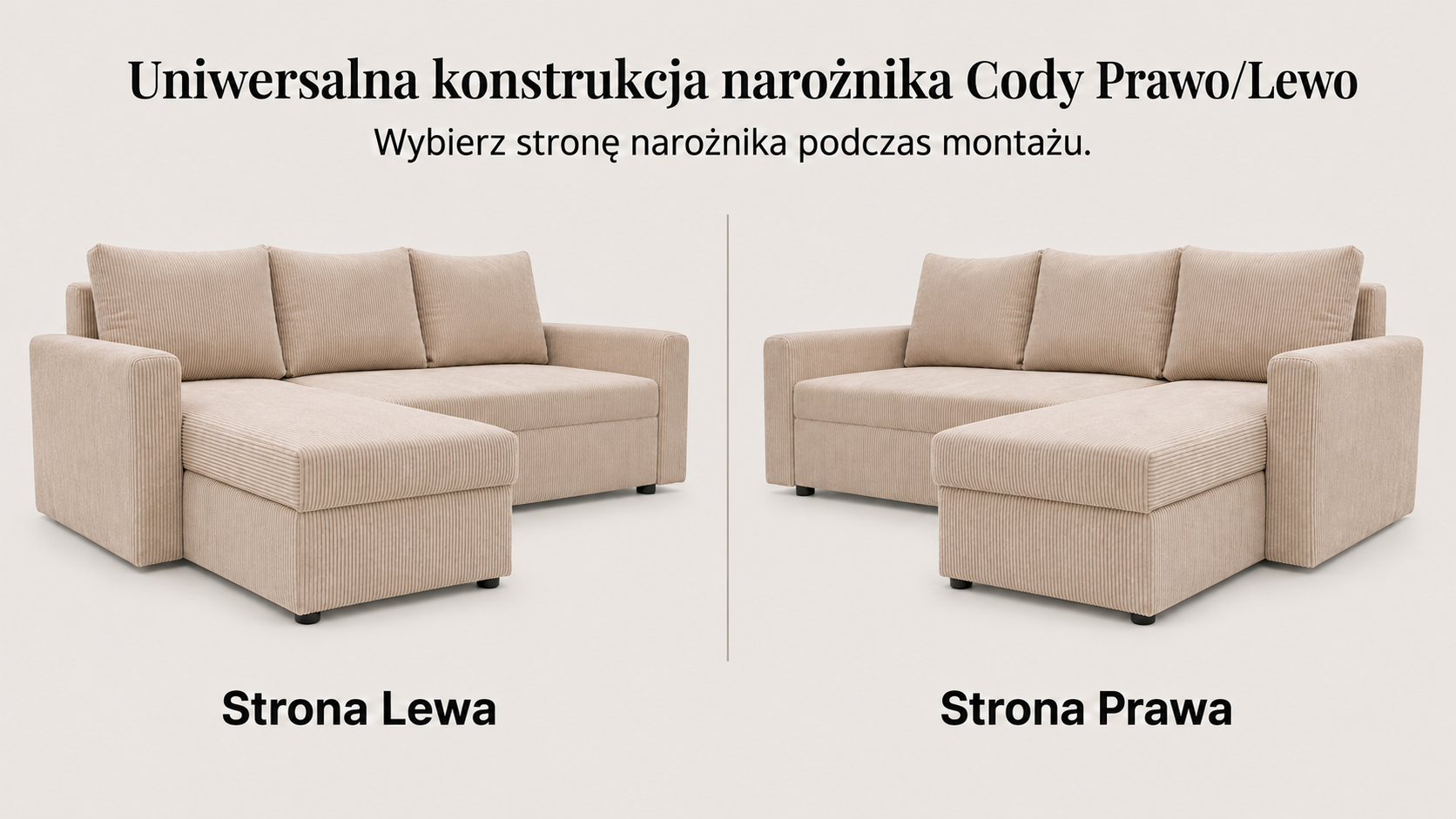 Infografika obrazująca możliwość uniwersalnego montażu narożnika rozkładanego do salonu Cody Sztruks