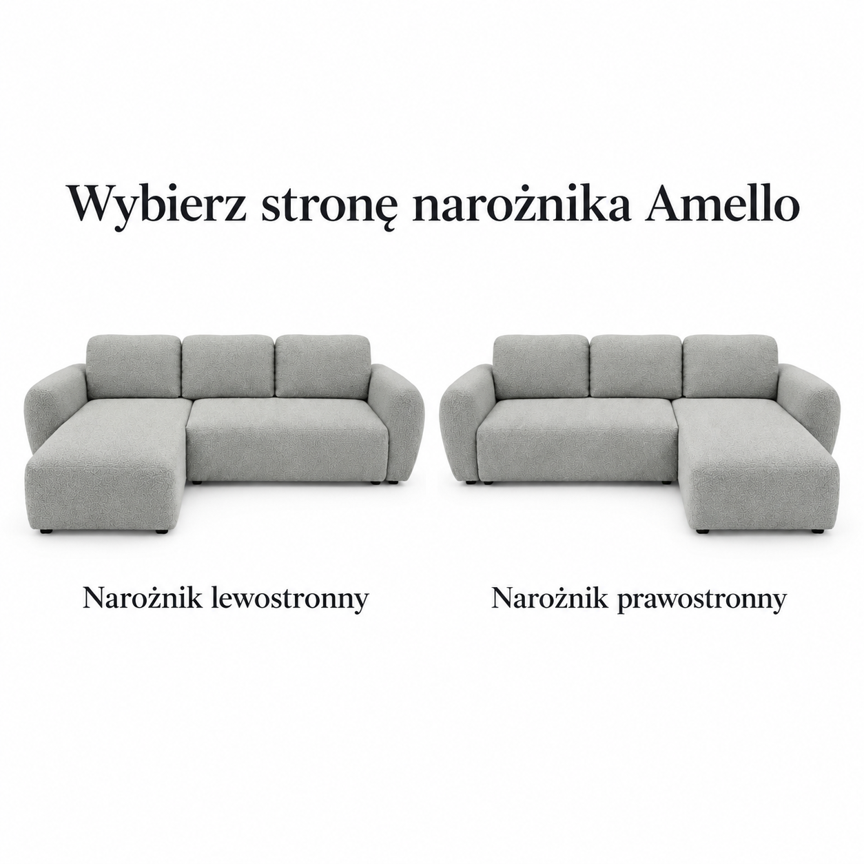 Infografika przedstawiająca możliwość wyboru strony w szarym narożniku rozkładanym do salonu Amello Boucle