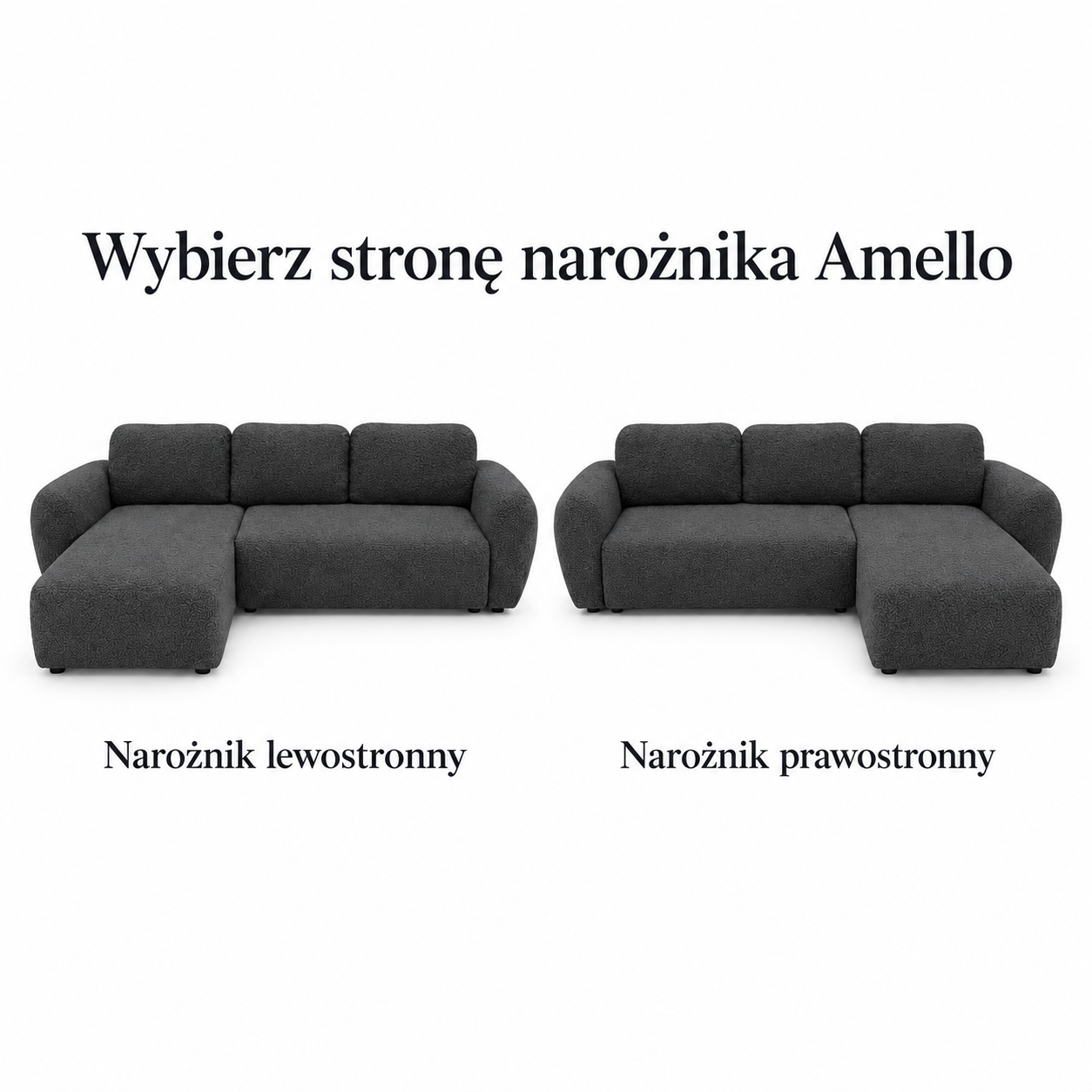 Infografika przedstawiająca możliwość wyboru strony w szarym narożniku rozkładanym do salonu Amello Boucle