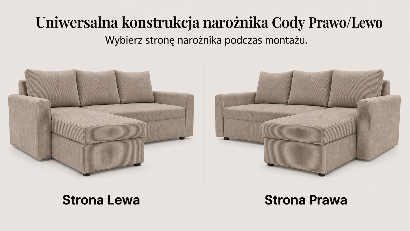 Infografika przedstawiająca możliwość uniwersalnego montażu narożnika z funkcją spania Cody Bonell DL Sztruks