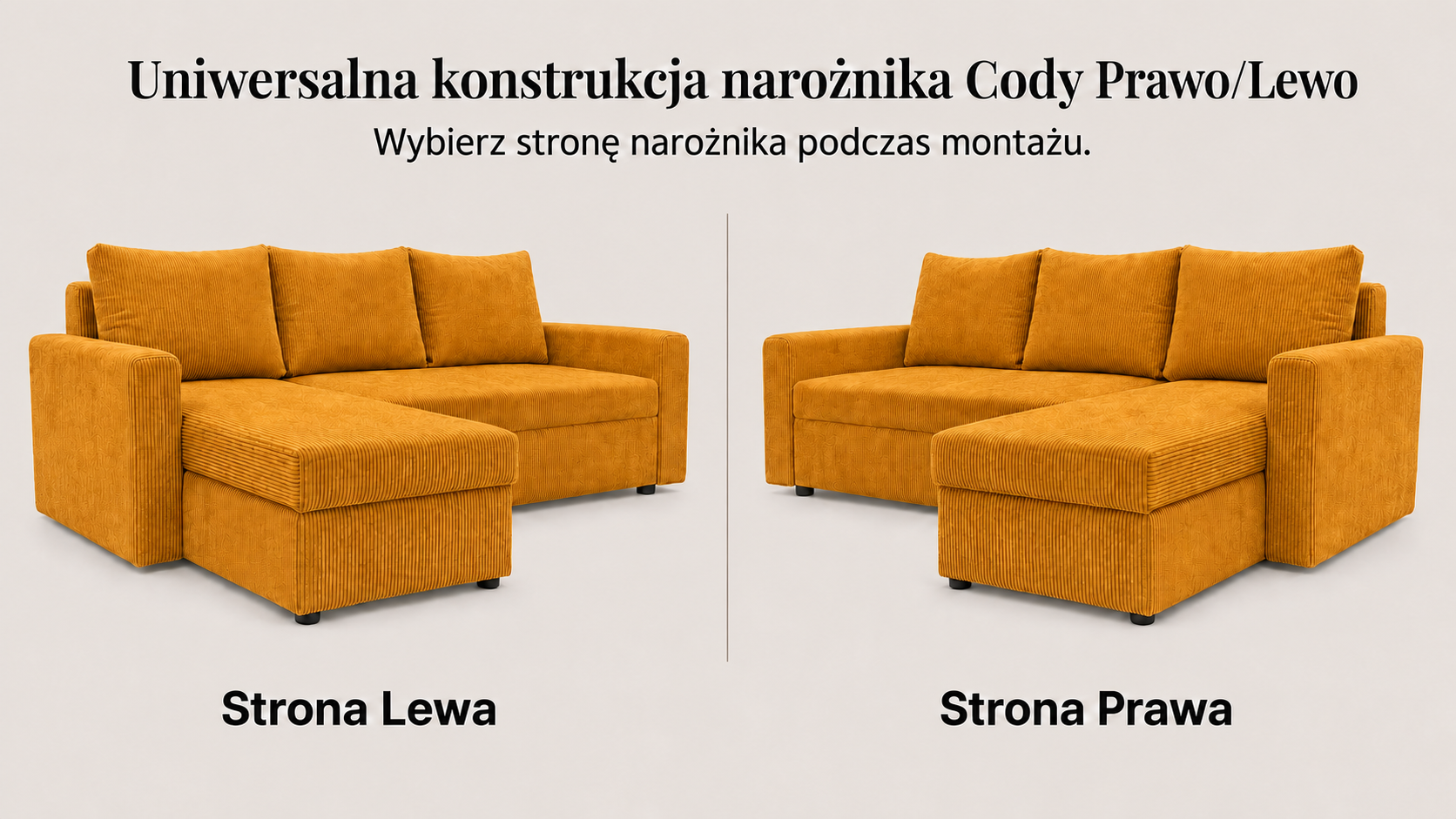 Infografika przedstawiająca możliwość uniwersalnego montażu narożnika z funkcją spania Cody Bonell DL Sztruks