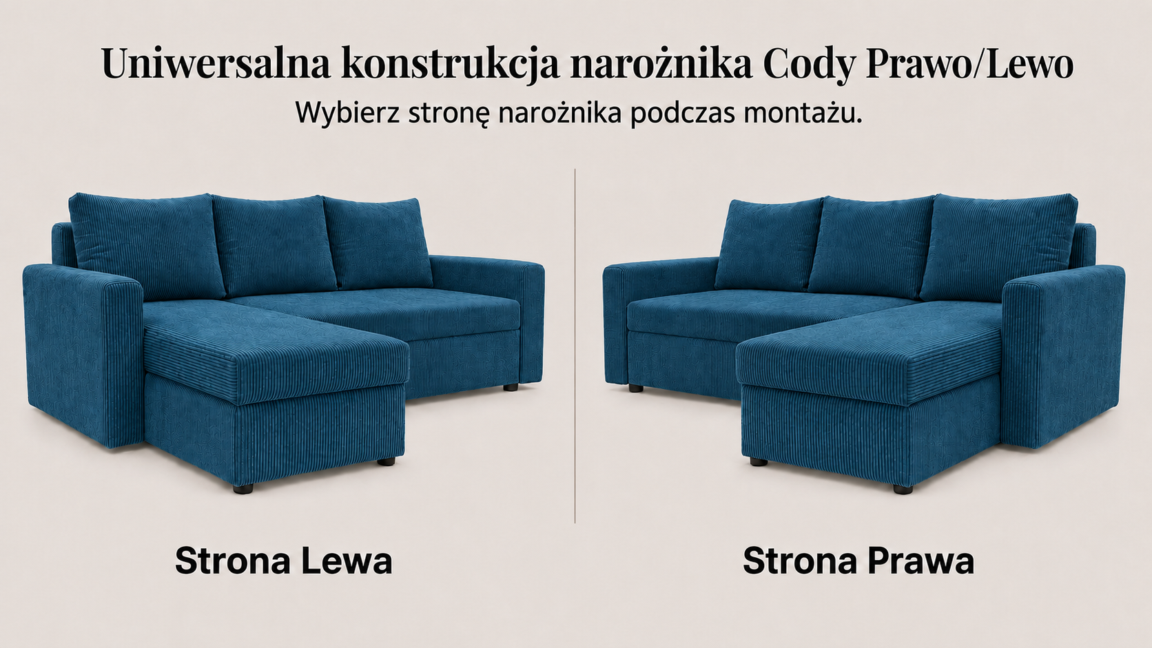 Infografika przedstawiająca możliwość uniwersalnego montażu narożnika rozkładanego z funkcją spania Cody Bonell Sztruks