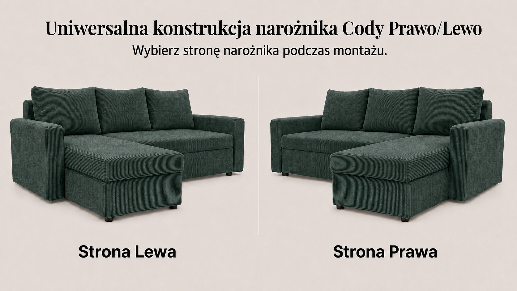 Infografika przedstawiająca możliwość uniwersalnego montażu narożnika rozkładanego z funkcją spania Cody Sztruks