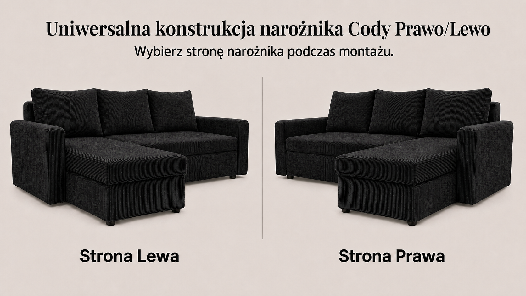 Infografika przedstawiająca możliwość uniwersalnego montażu narożnika rozkładanego z funkcją spania Cody Sztruks
