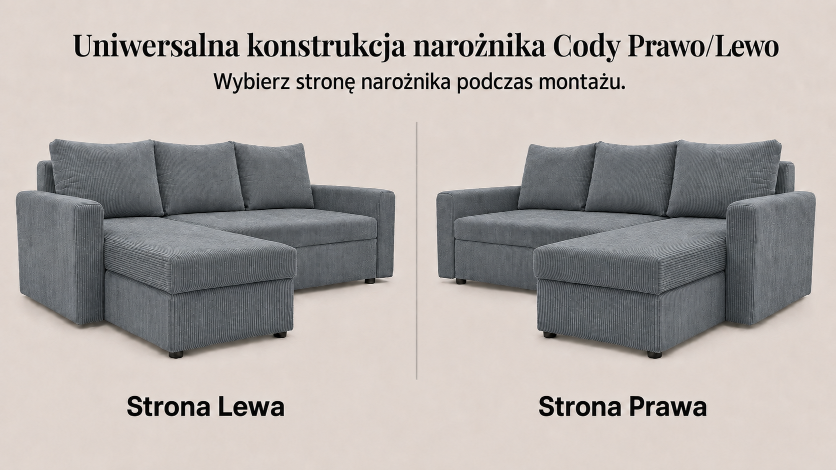 Infografika przedstawiająca możliwość uniwersalnego montażu narożnika rozkładanego z funkcją spania Cody Sztruks