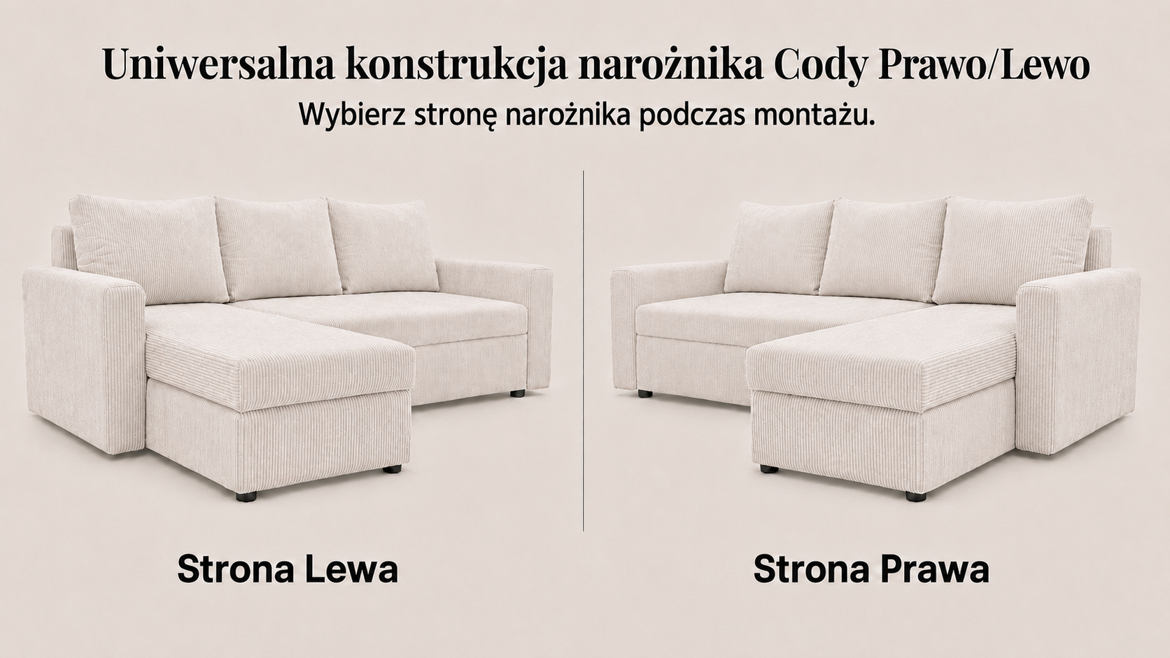 Infografika przedstawiająca możliwość uniwersalnego montażu narożnika rozkładanego z funkcją spania Cody Bonell DL