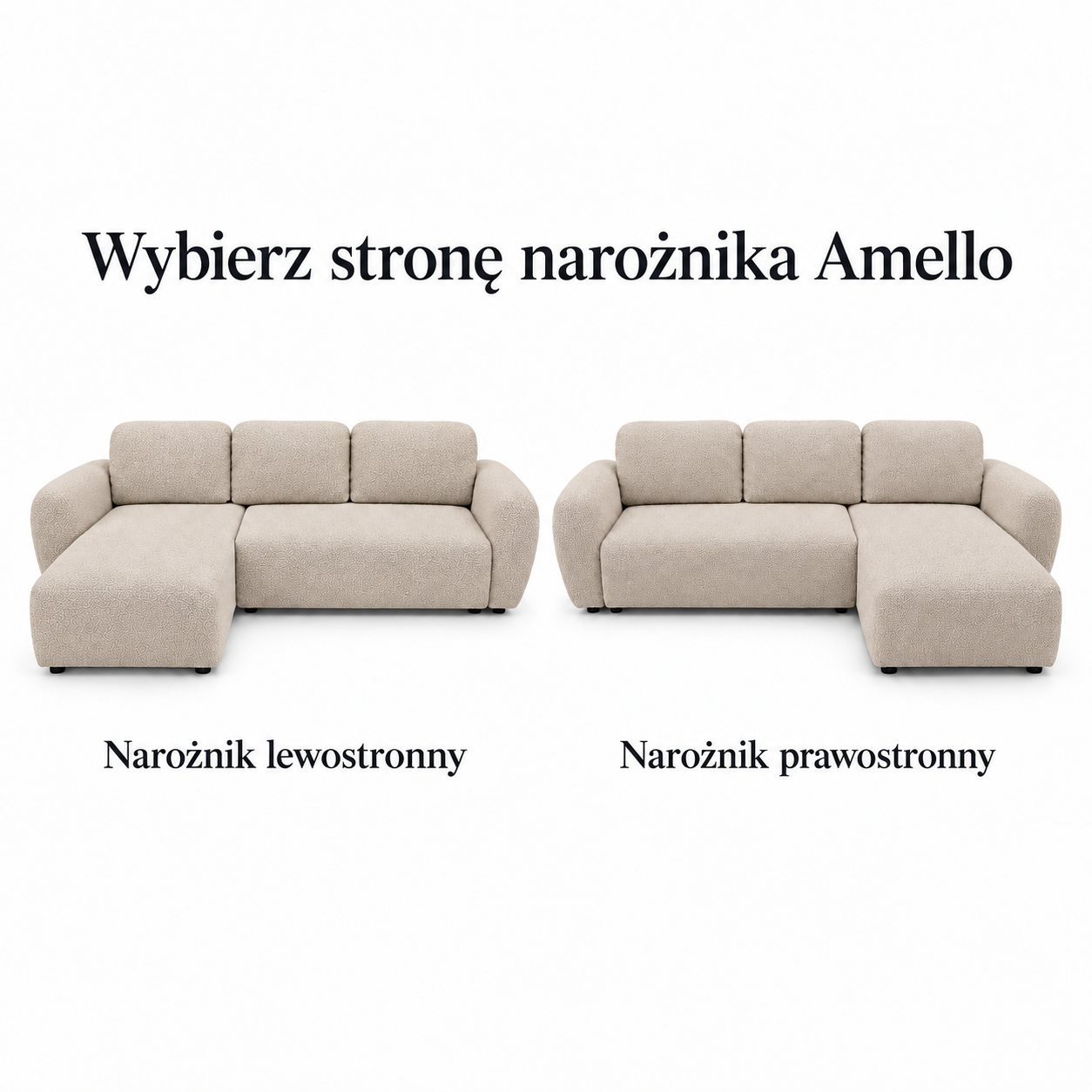 Infografika przedstawiająca możliwość wyboru strony narożnika z funkcją spania Amello w beżowej tkaninie Quelle 05 Boucle