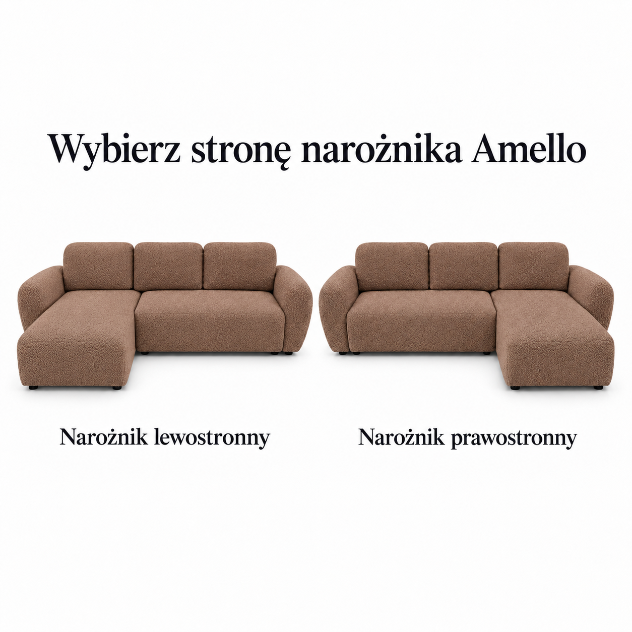 Infografika przedstawiająca możliwość wyboru strony w szarym narożniku rozkładanym do salonu Amello w tkaninie boucle