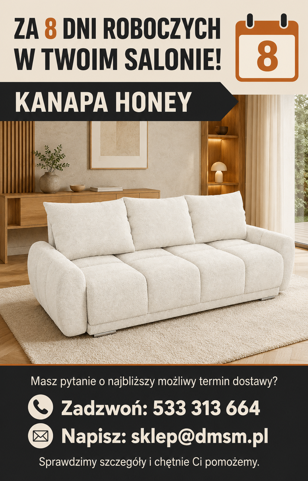 Infografika przedstawiająca możliwość szybkiej dostawy kanapy rozkładanej do salonu Honey 3