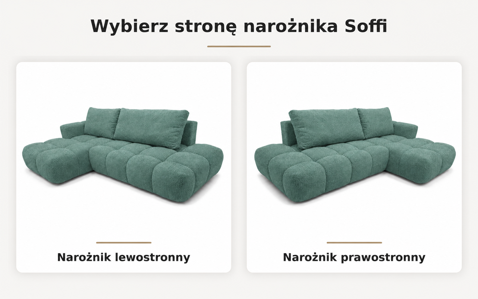 Infografika przedstawiająca możliwość wyboru strony narożnika rozkładanego z funkcją spania Soffi w czarnej tkaninie boucle