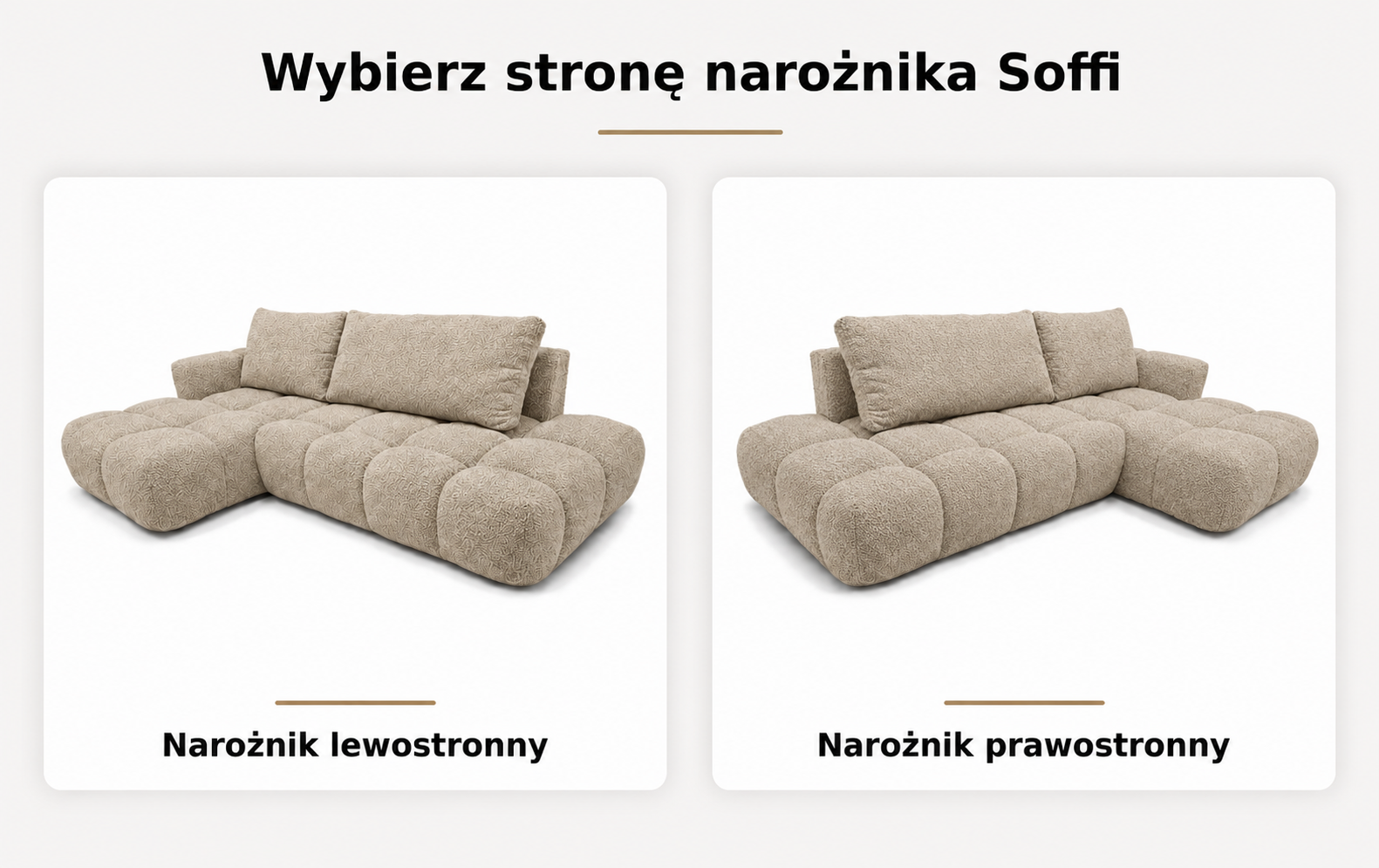 Infografika przedstawiająca możliwość wyboru strony narożnika rozkładanego z funkcją spania Soffi w czarnej tkaninie boucle