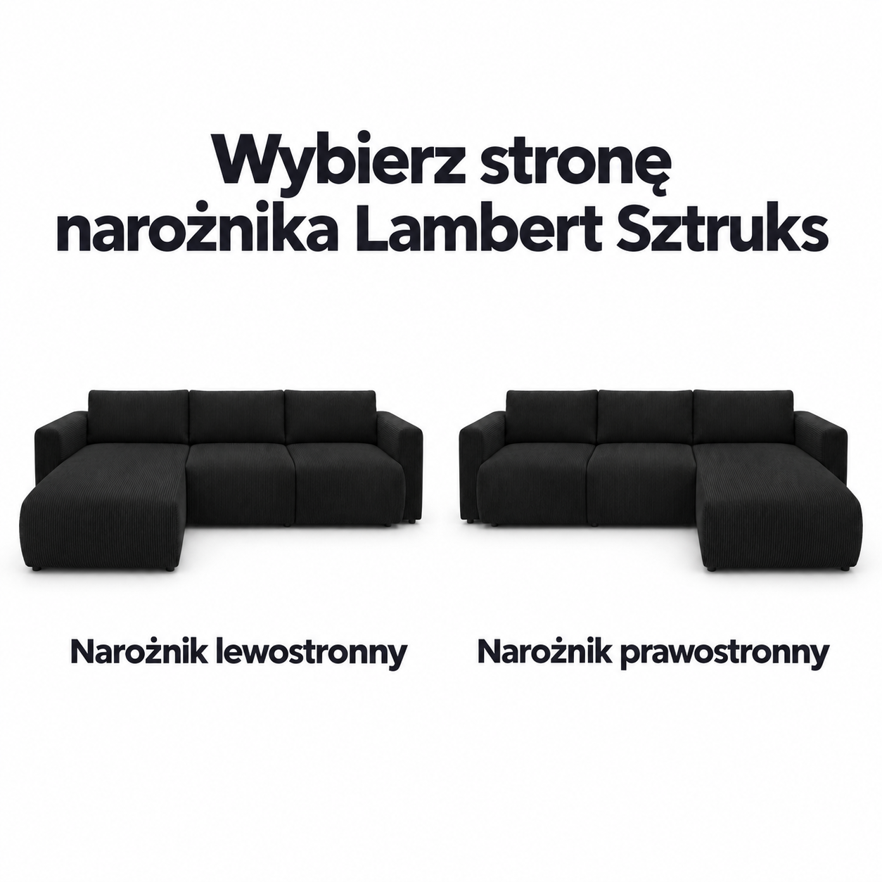 Infografika przedstawiająca możliwość wyboru strony narożnika rozkładanego z funkcją spania Lambert w Czarnej tkaninie Sztruks POSO 135