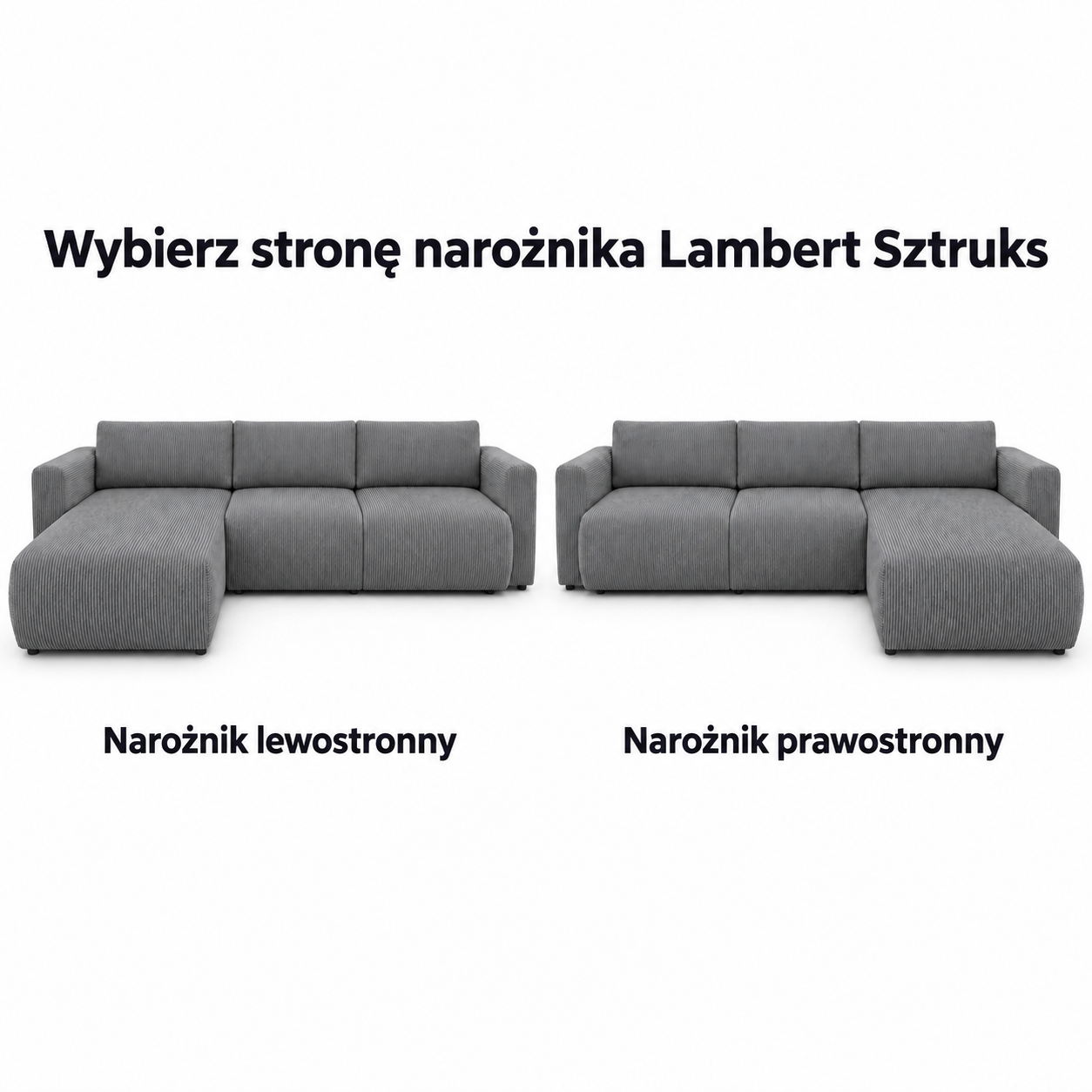 Infografika przedstawiająca możliwość wyboru strony narożnika rozkładanego z funkcją spania Lambert POSO 60 Sztruks