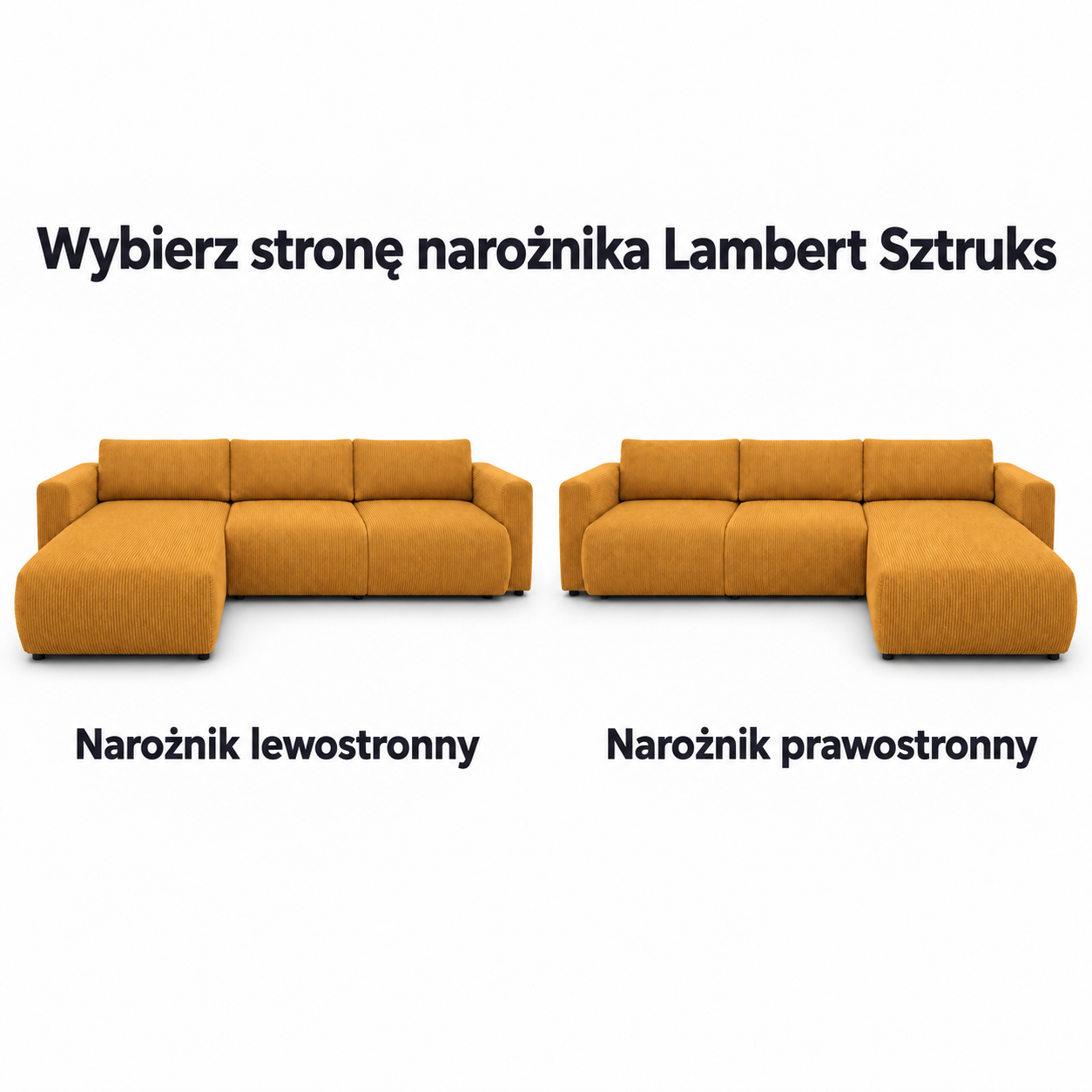 Infografika przedstawiająca możliwość wyboru strony narożnika rozkładanego z funkcją spania Lambert w sztruksowej tkaninie POSO 42