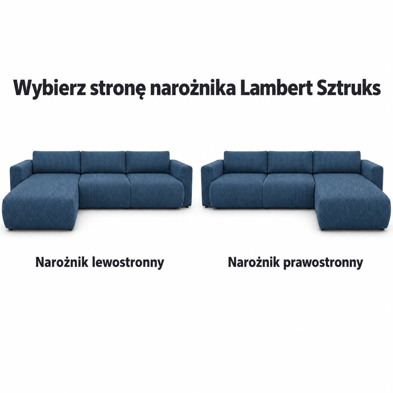 Infografika przedstawiająca możliwość wyboru strony narożnika rozkładanego z funkcją spania Lambert w niebieskiej sztruksowej tkaninie POSO