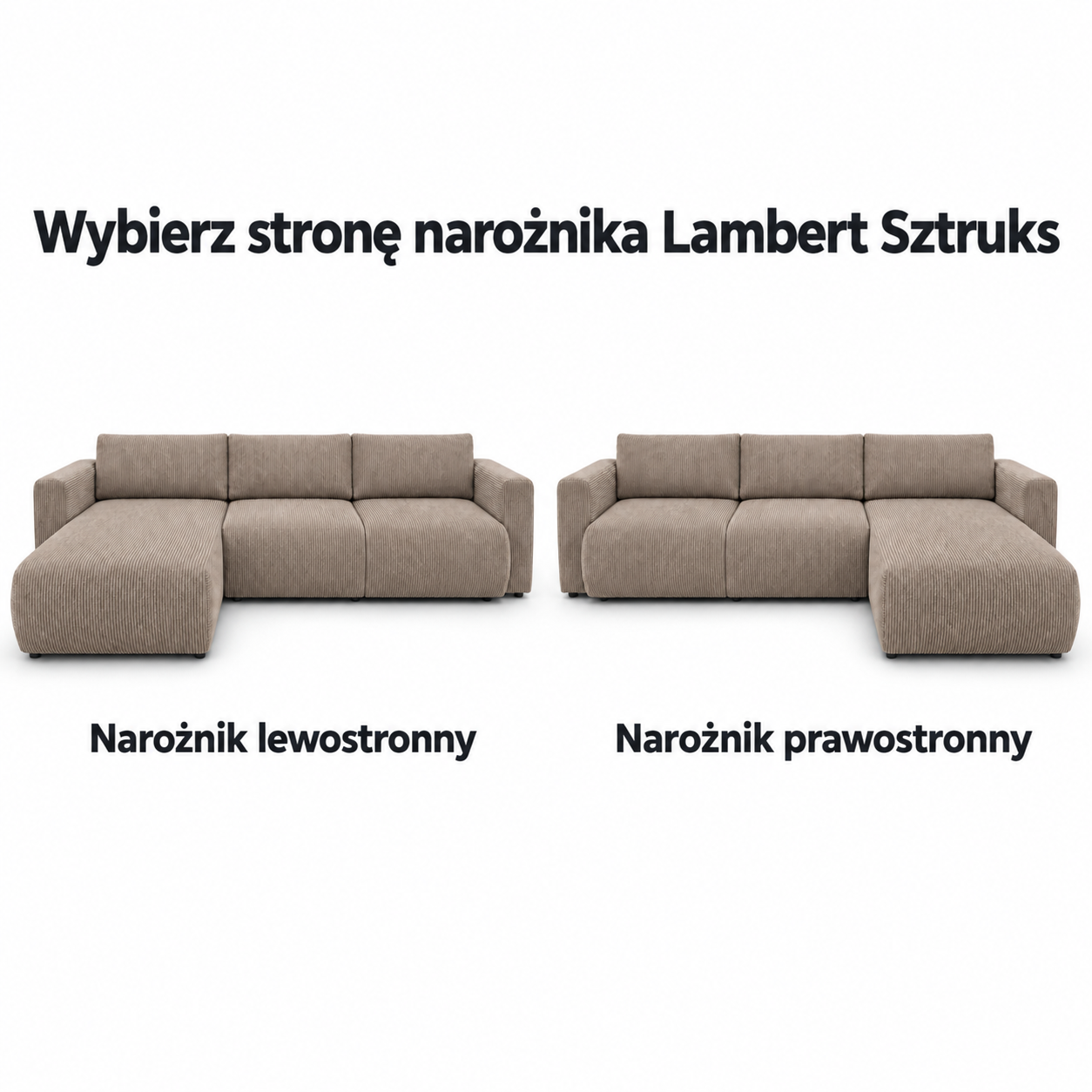 Infografika przedstawiająca możliwość wyboru strony narożnika rozkładanego z funkcją spania Lambert Sztruks POSO 03 Cappuccino