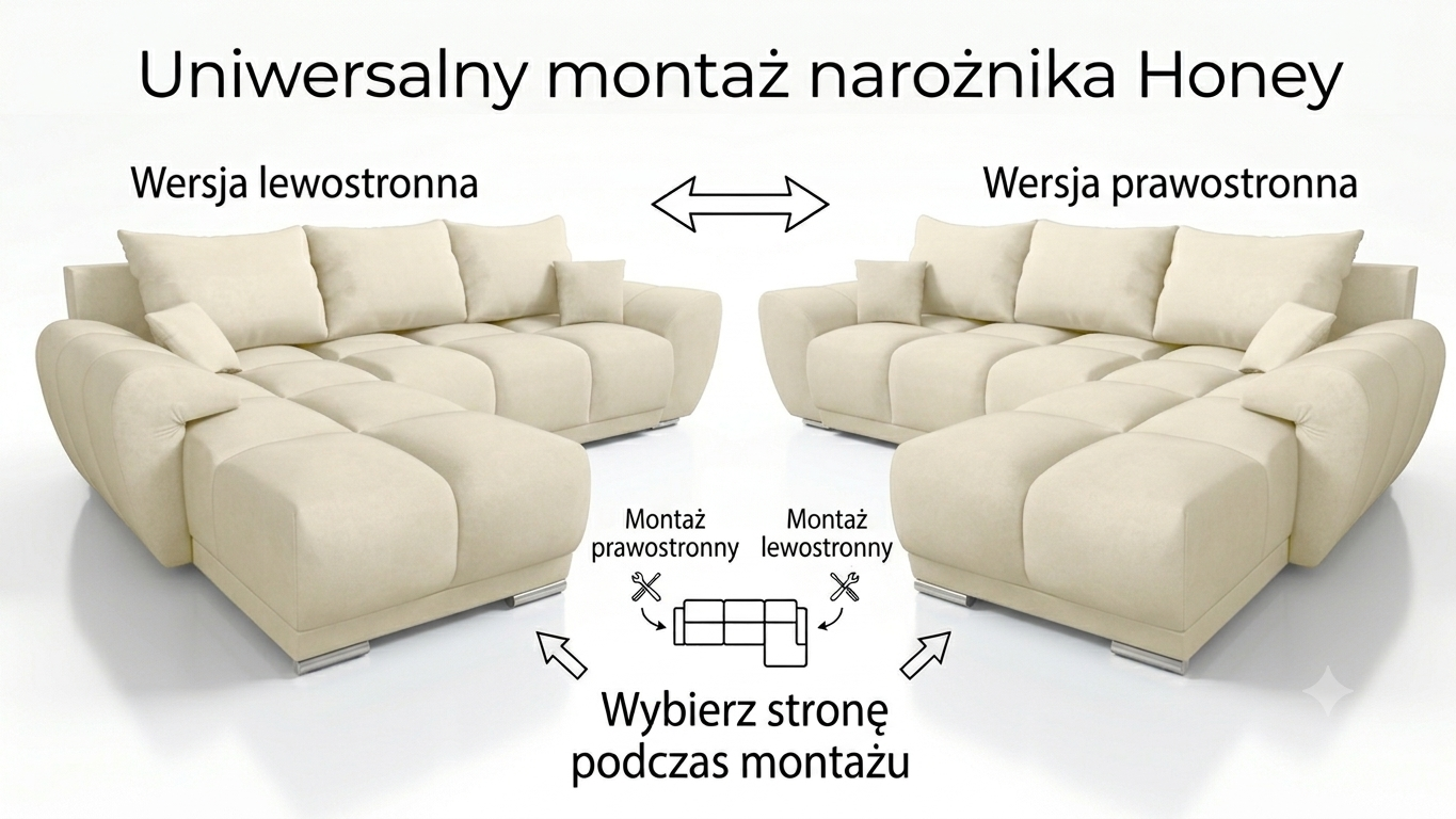 Infografika przedstawiająca mozliwość wyboru strony narożnika podczas montażu