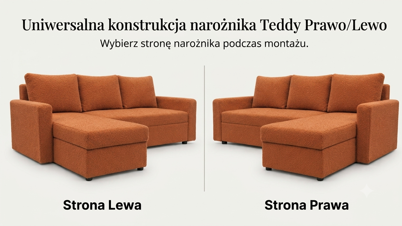 Infografika obrazująca możliwość uniwersalnego montażu narożnika z funkcją spania Teddy