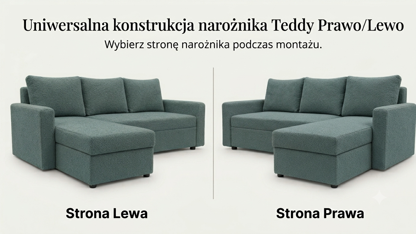 Infografika przedstawiająca możliwość uniwersalnego montażu narożnika rozkładanego z funkcją spania Teddy Boucle