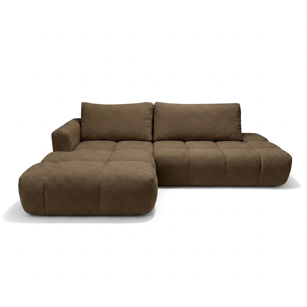 Zdjęcie przedstawiające nowoczesny narożnik z funkcją spania Soffi w tkaninie boucle Cappuccino
