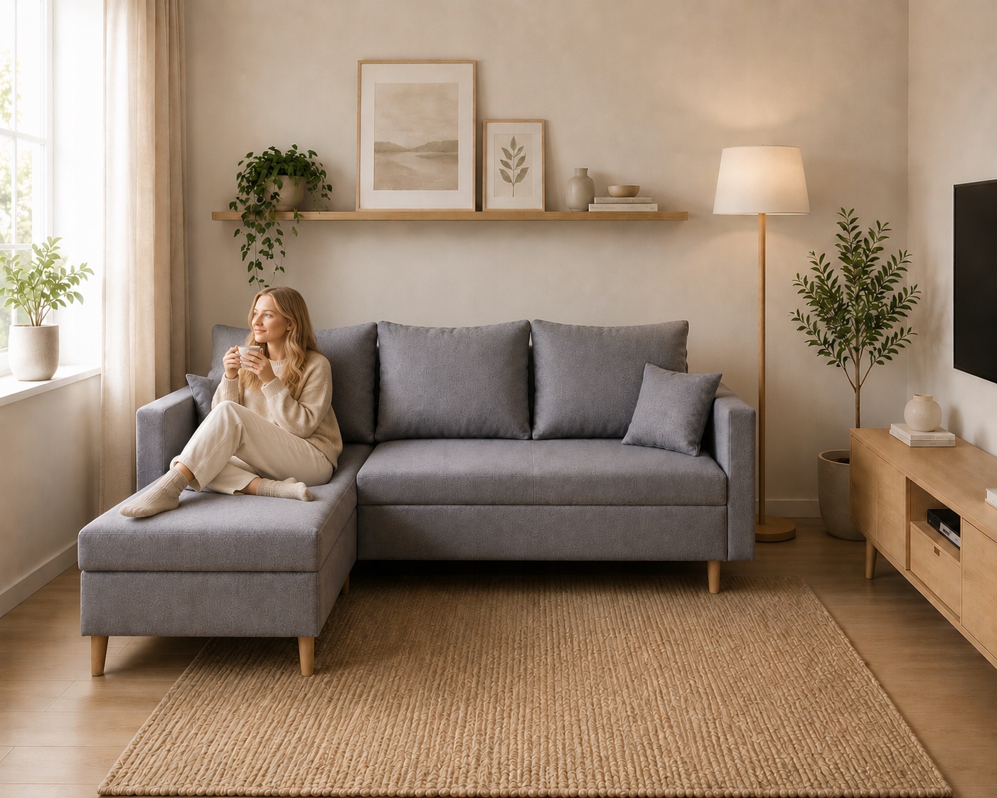 Sofa narożna Scandik w stylu skandynawskim o pięknym szarym kolorze